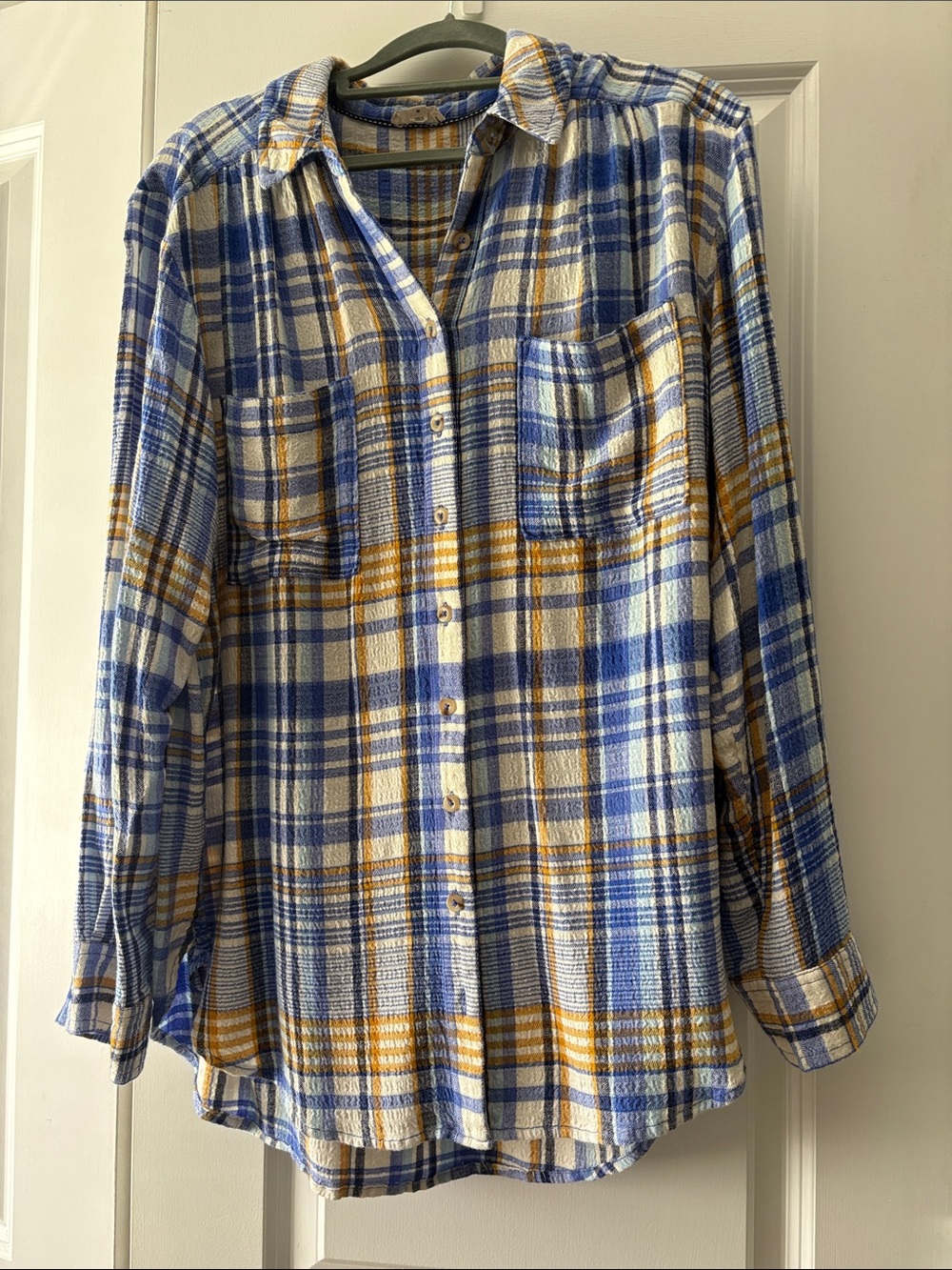 Womens Plaid Button-Up Shirt in Blue, Cream & Gold